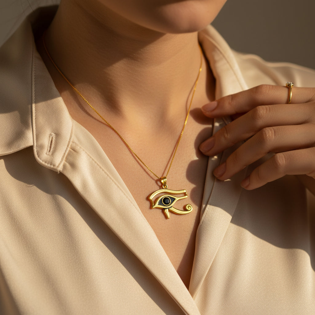 Gold Eye of Horus Pendant, Egyptian Revival Talisman Jewelry