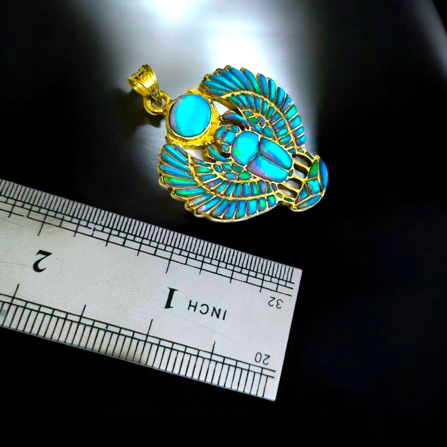 Gold Winged Scarab Pendant, Opal Egyptian Amulet, Talisman Necklace