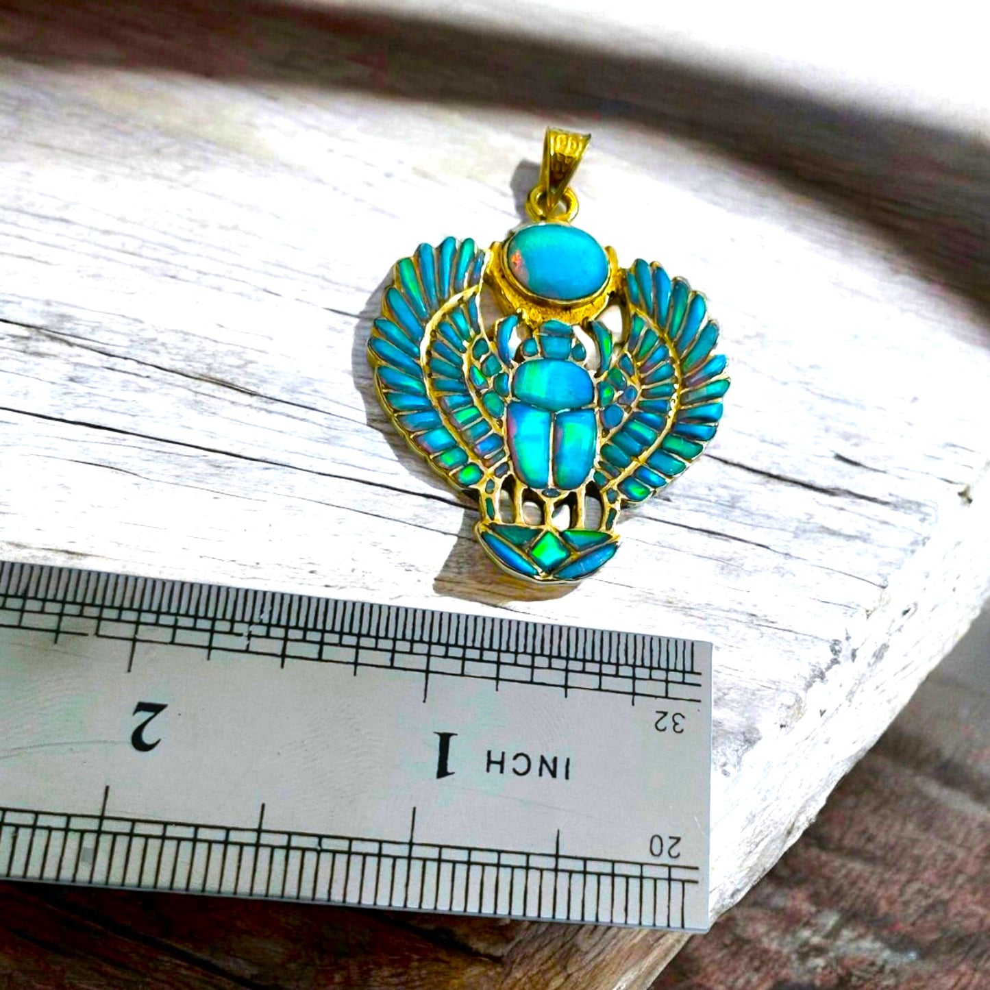 Gold Winged Scarab Pendant, Opal Egyptian Amulet, Talisman Necklace