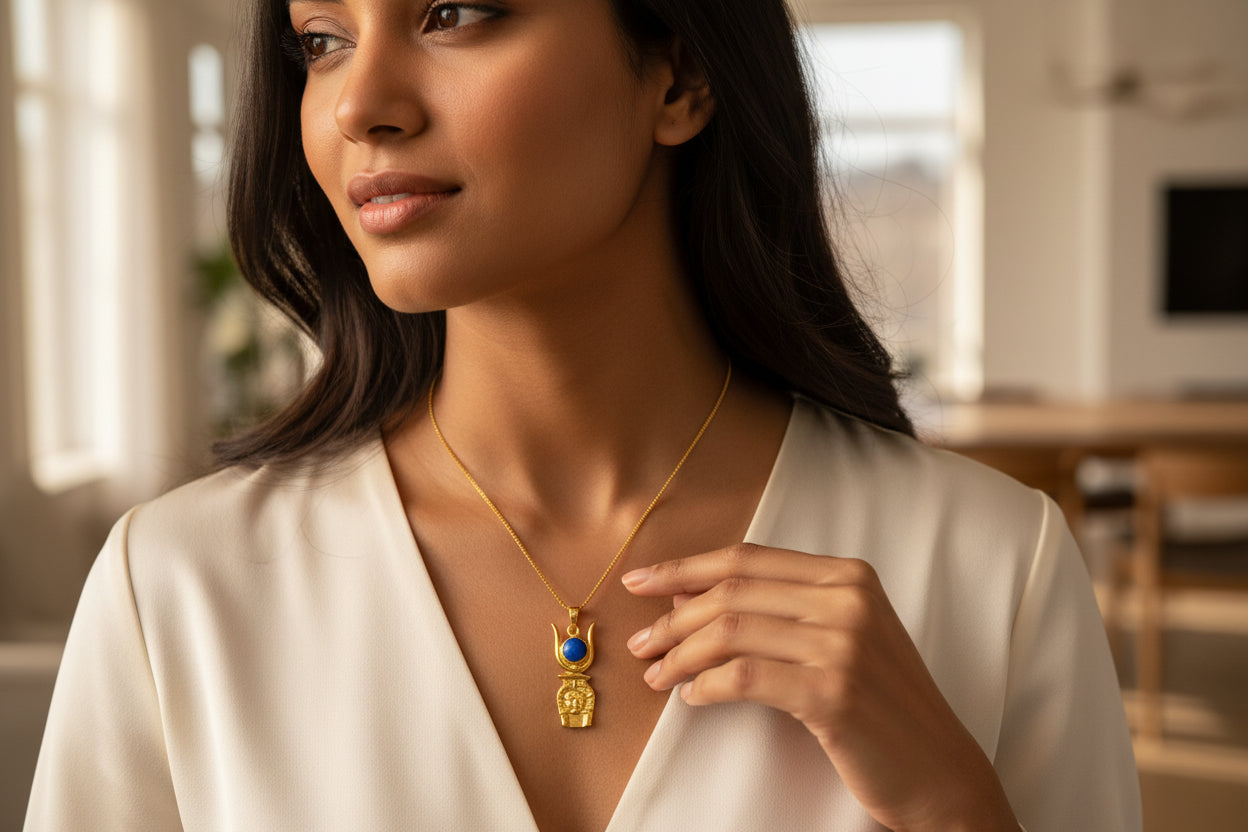 Gold Hathor Pendant Necklace, Egyptian Lapis Lazuli Jewelry