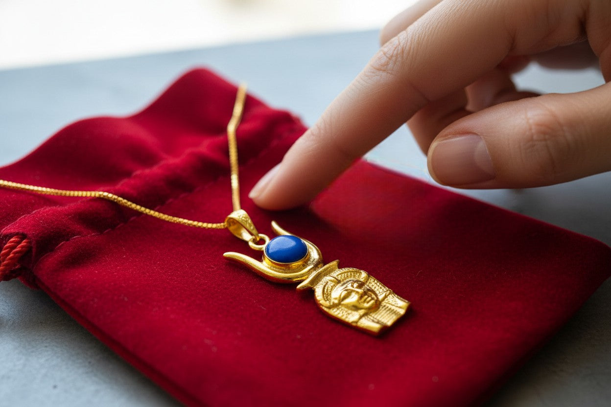 Gold Hathor Pendant Necklace, Egyptian Lapis Lazuli Jewelry