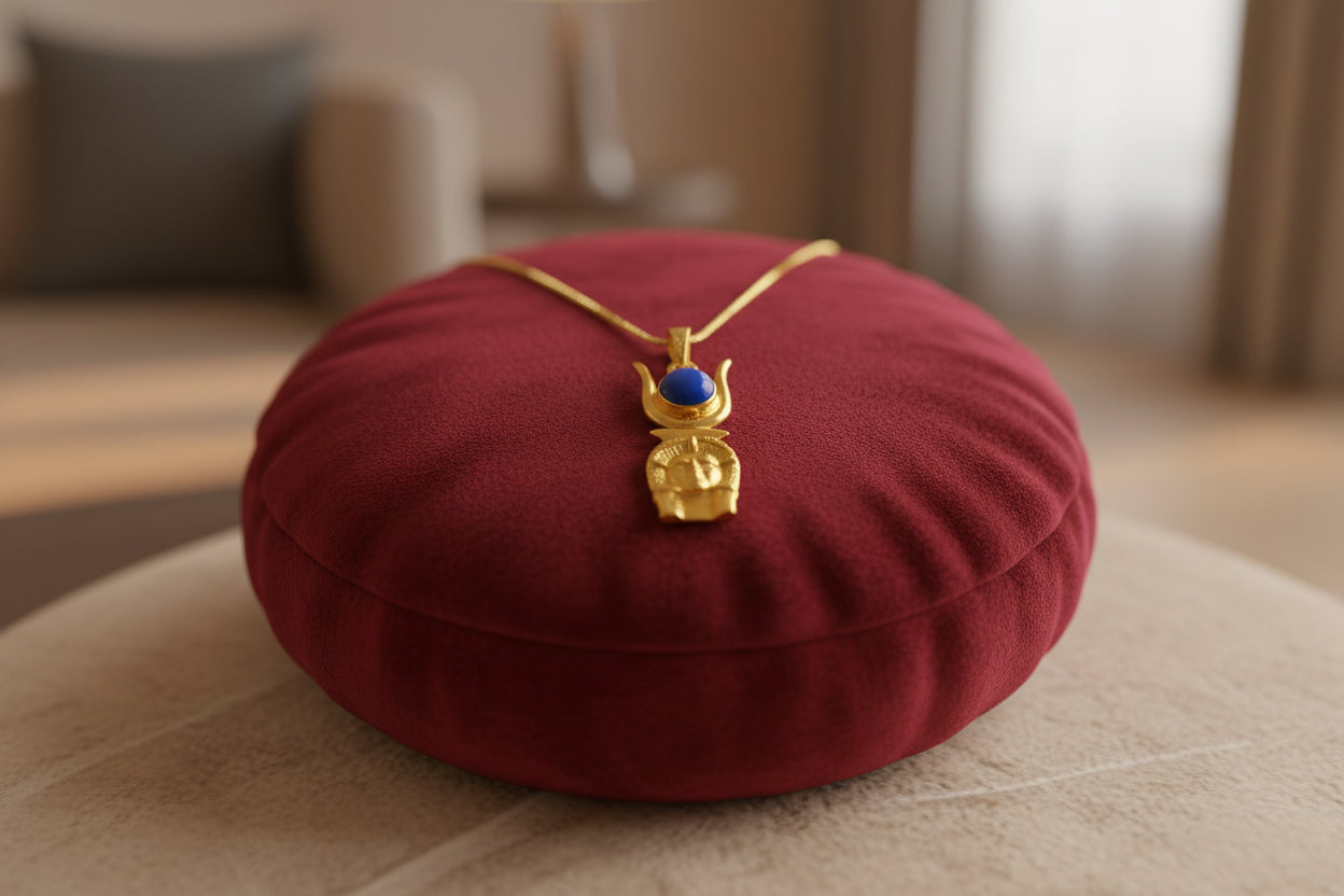 Gold Hathor Pendant Necklace, Egyptian Lapis Lazuli Jewelry