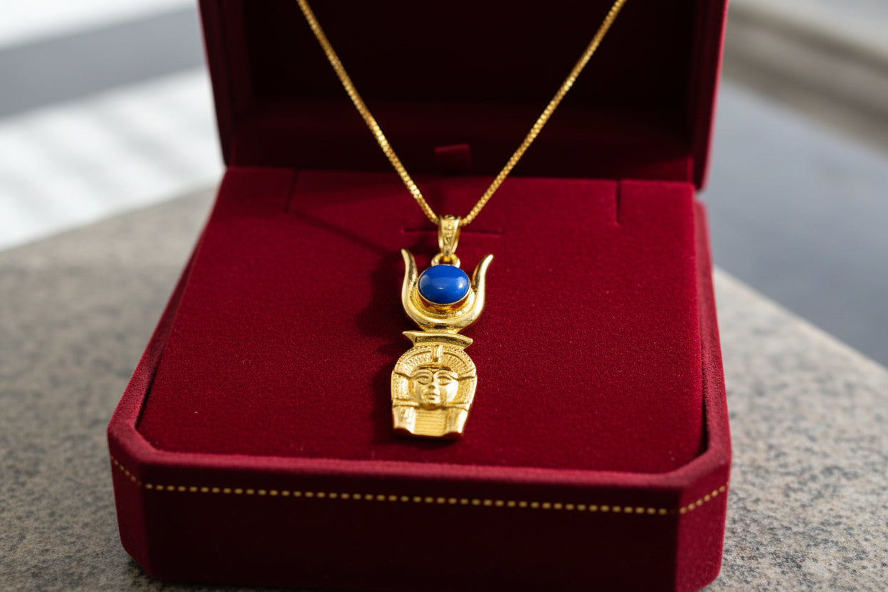 Gold Hathor Pendant Necklace, Egyptian Lapis Lazuli Jewelry