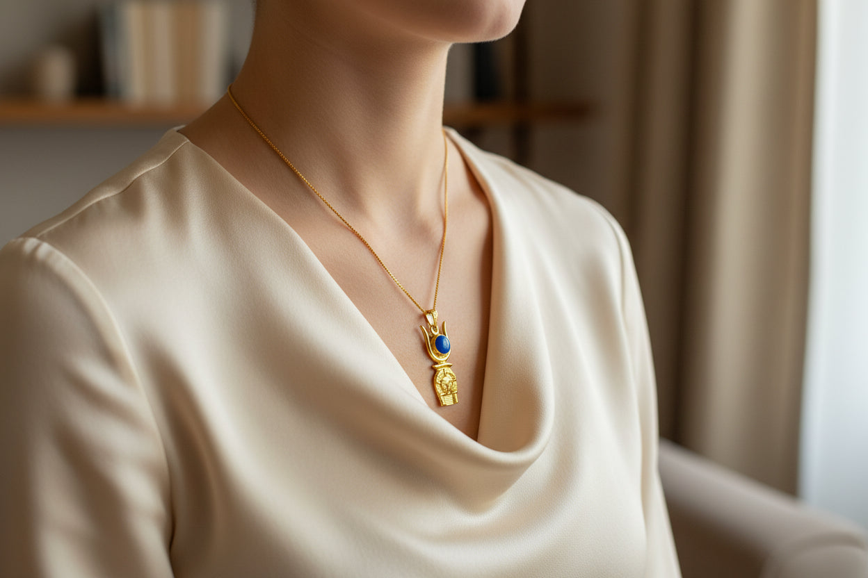 Gold Hathor Pendant Necklace, Egyptian Lapis Lazuli Jewelry