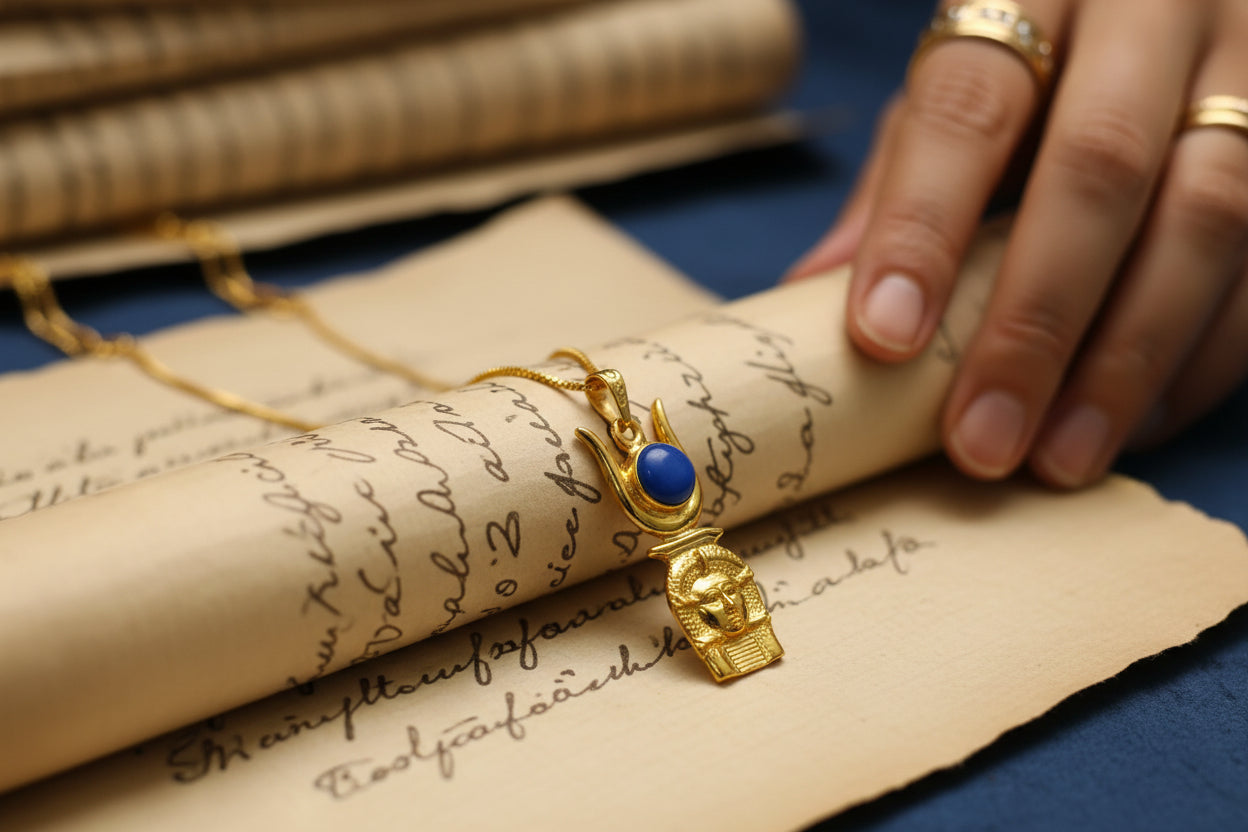 Gold Hathor Pendant Necklace, Egyptian Lapis Lazuli Jewelry