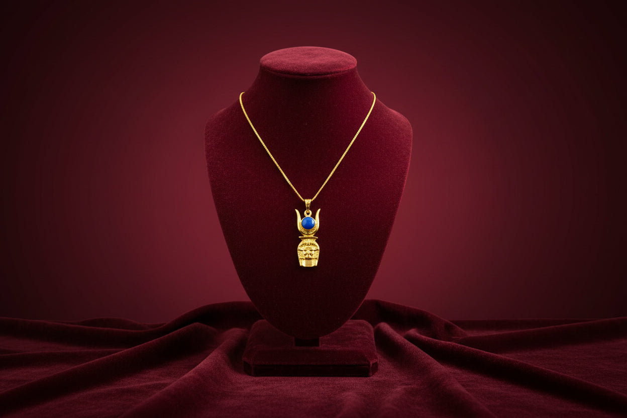 Gold Hathor Pendant Necklace, Egyptian Lapis Lazuli Jewelry