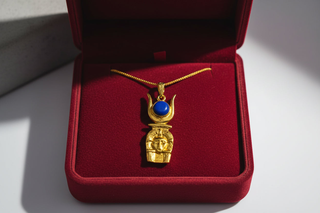 Gold Hathor Pendant Necklace, Egyptian Lapis Lazuli Jewelry