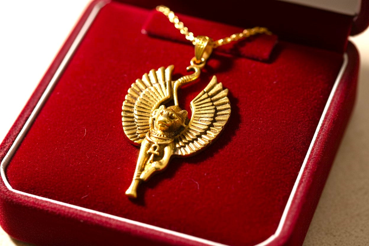 Gold Winged Bastet Cat Pendant Necklace, Egyptian Revival Talisman
