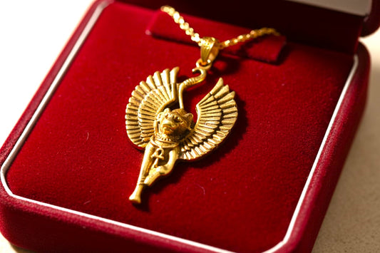 Gold Winged Bastet Cat Pendant Necklace, Egyptian Revival Talisman