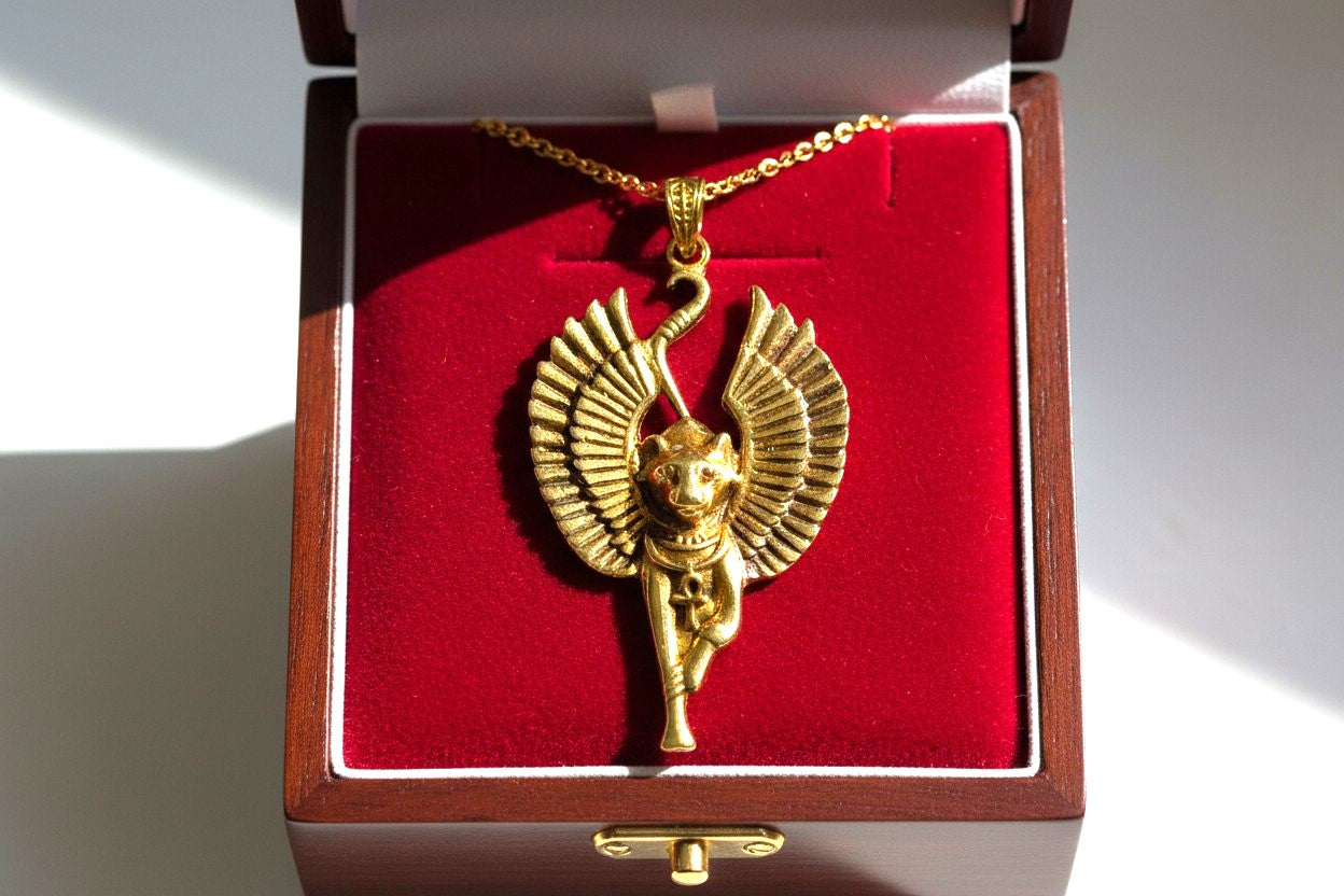 Gold Winged Bastet Cat Pendant Necklace, Egyptian Revival Talisman