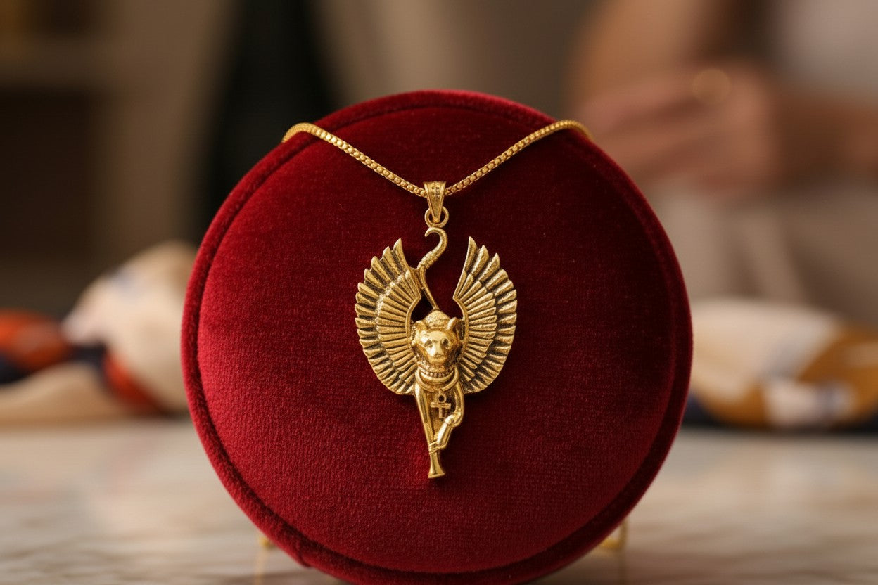 Gold Winged Bastet Cat Pendant Necklace, Egyptian Revival Talisman