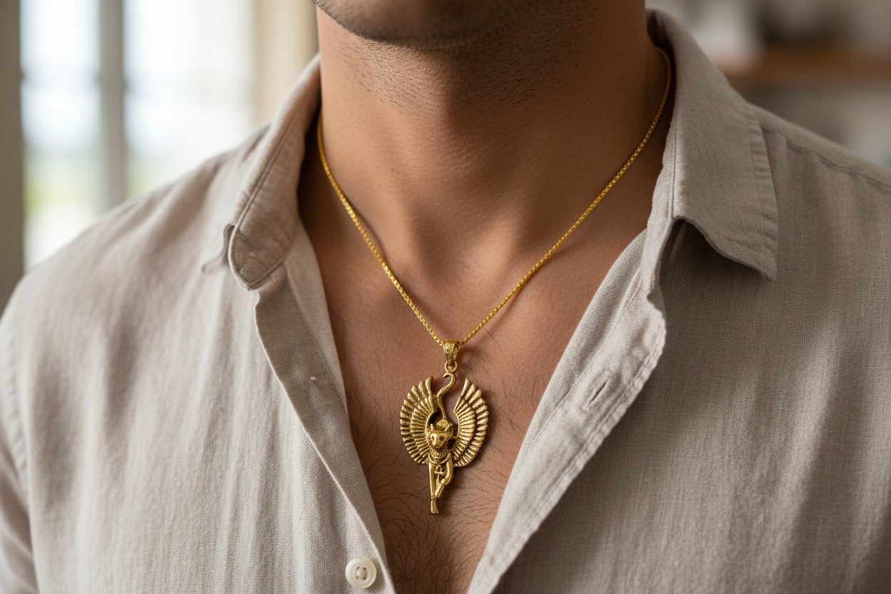 Gold Winged Bastet Cat Pendant Necklace, Egyptian Revival Talisman