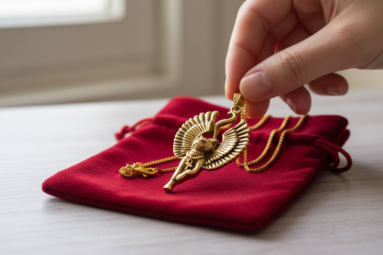 Gold Winged Bastet Cat Pendant Necklace, Egyptian Revival Talisman