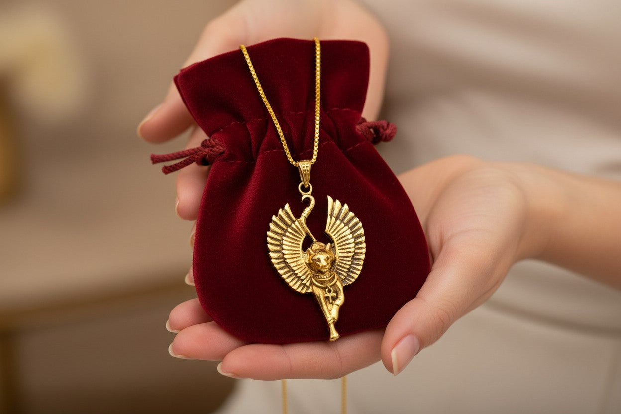 Gold Winged Bastet Cat Pendant Necklace, Egyptian Revival Talisman