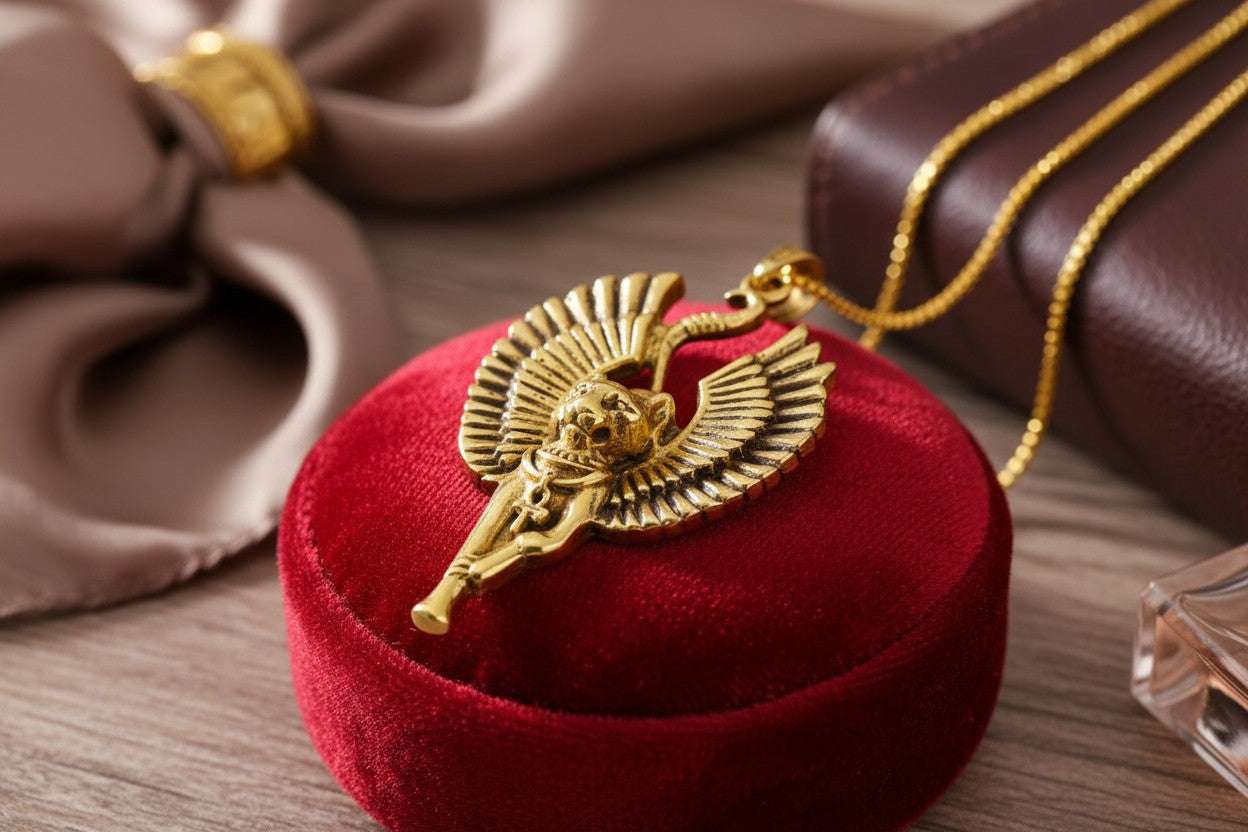 Gold Winged Bastet Cat Pendant Necklace, Egyptian Revival Talisman