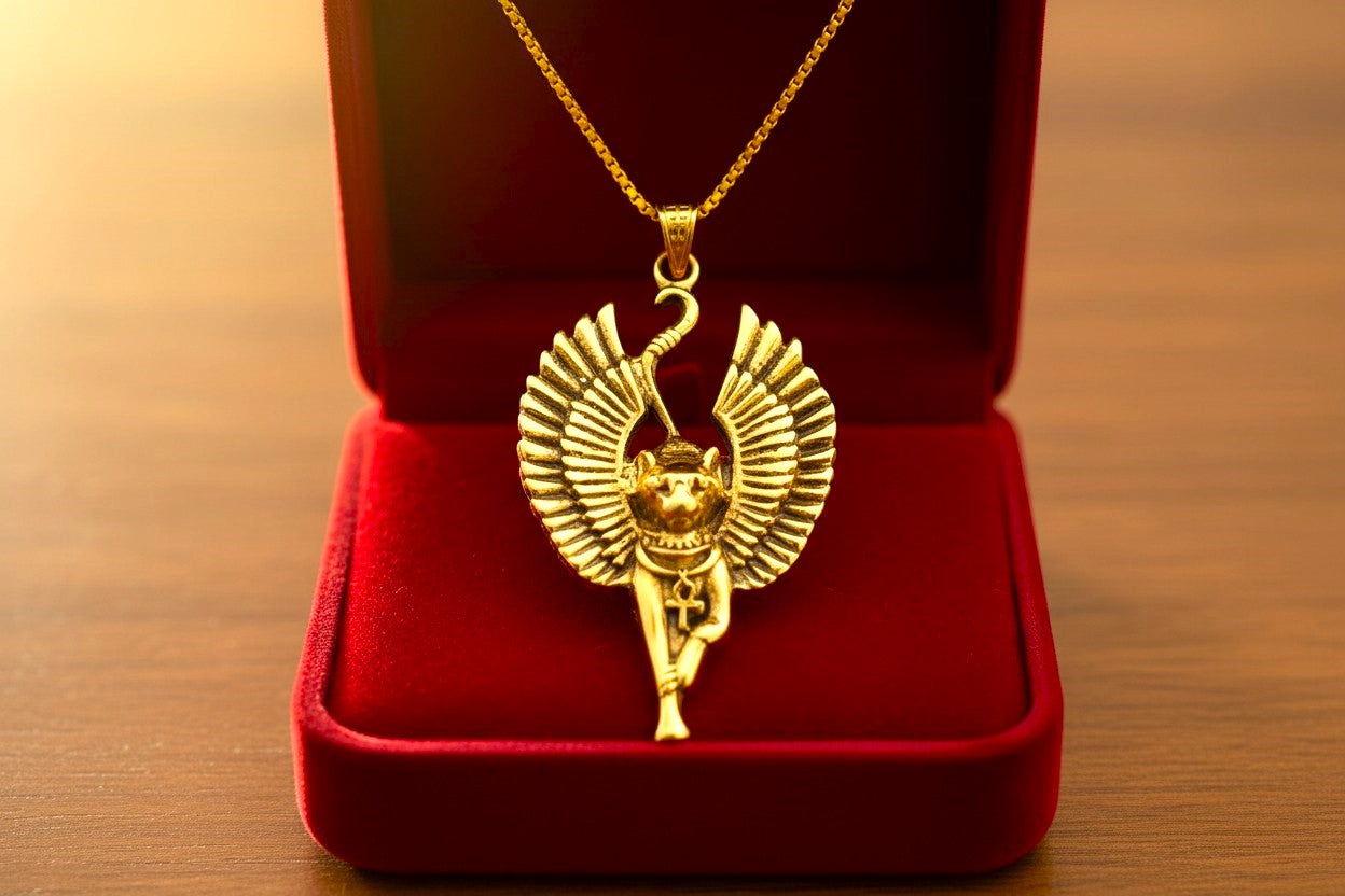 Gold Winged Bastet Cat Pendant Necklace, Egyptian Revival Talisman