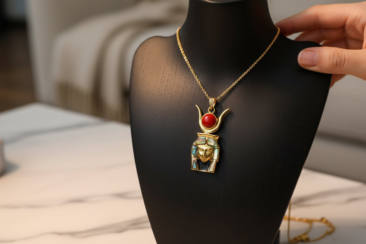 Gold Goddess Hathor Pendant, Abalone & Agate, Egyptian Revival Jewelry