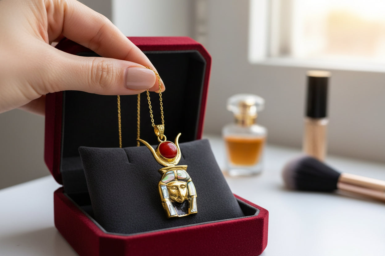 Gold Goddess Hathor Pendant, Abalone & Agate, Egyptian Revival Jewelry
