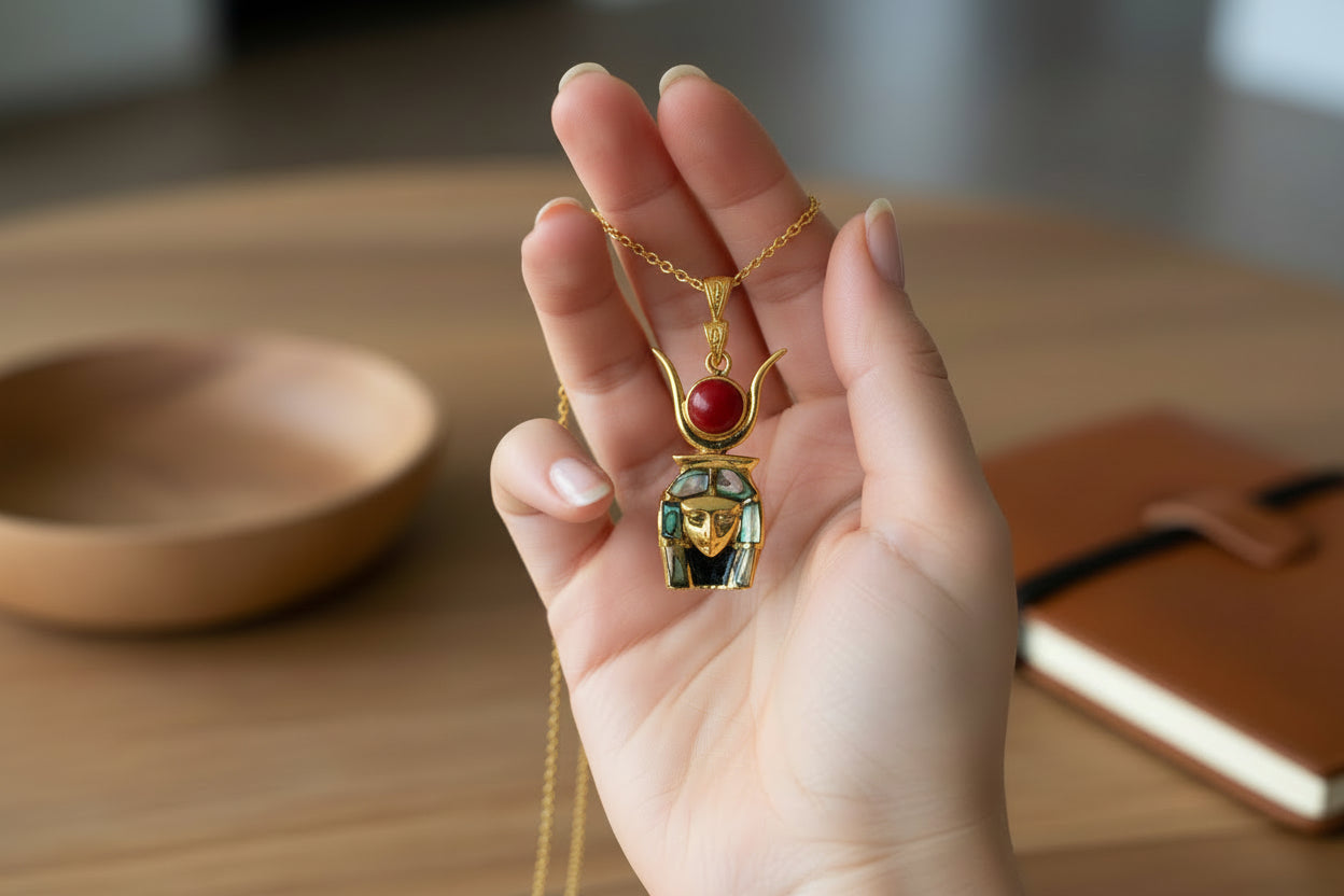 Gold Goddess Hathor Pendant, Abalone & Agate, Egyptian Revival Jewelry