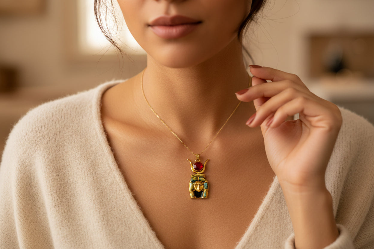 Gold Goddess Hathor Pendant, Abalone & Agate, Egyptian Revival Jewelry
