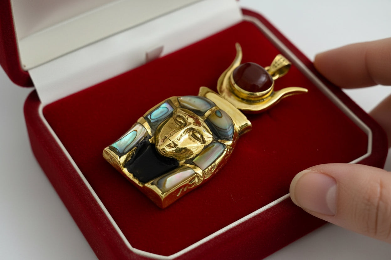 Gold Goddess Hathor Pendant, Abalone & Agate, Egyptian Revival Jewelry