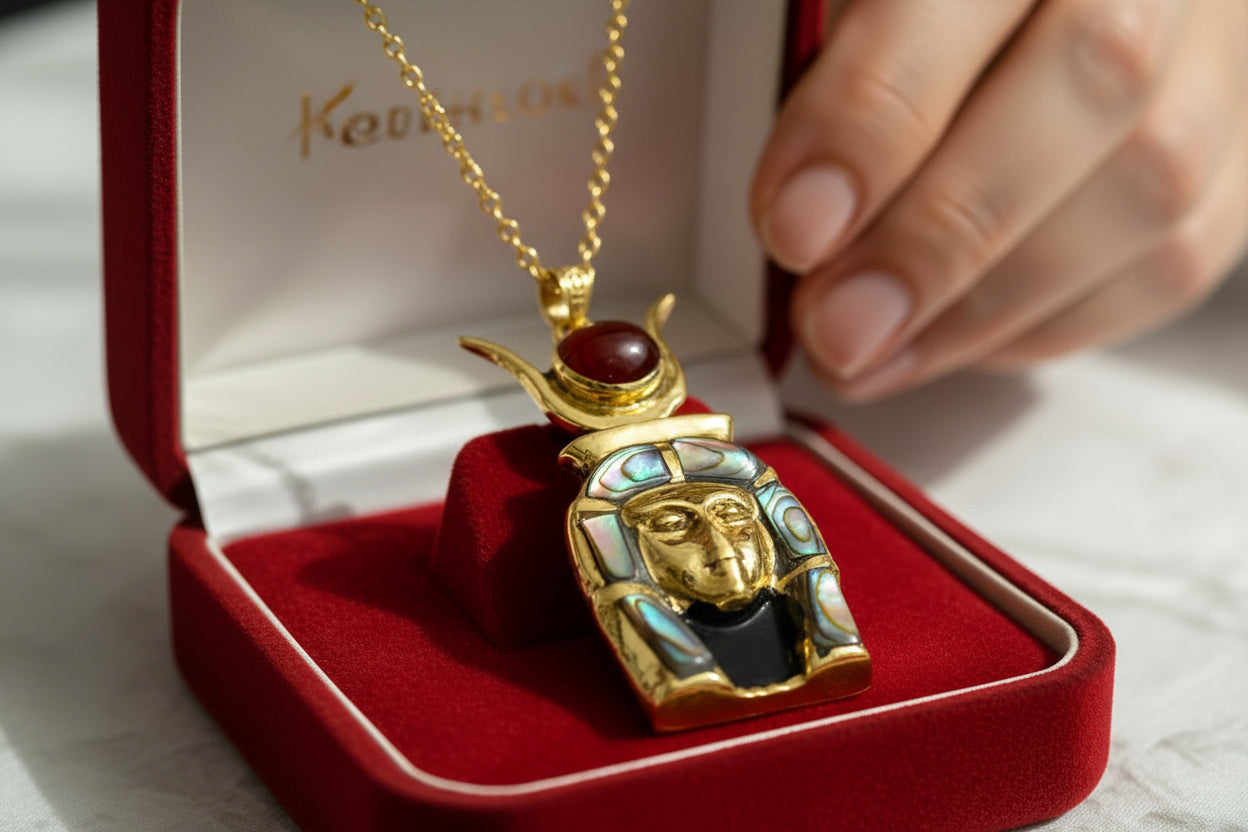 Gold Goddess Hathor Pendant, Abalone & Agate, Egyptian Revival Jewelry