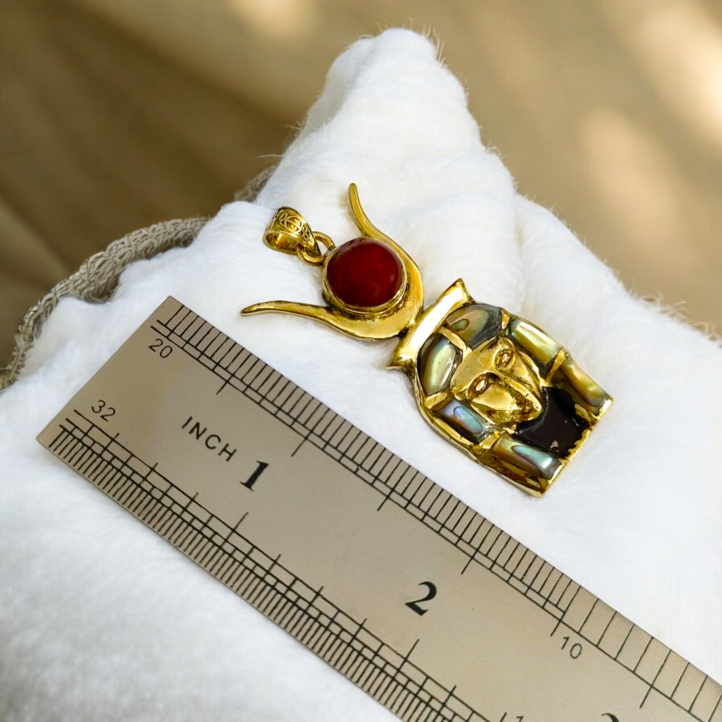 Gold Goddess Hathor Pendant, Abalone & Agate, Egyptian Revival Jewelry