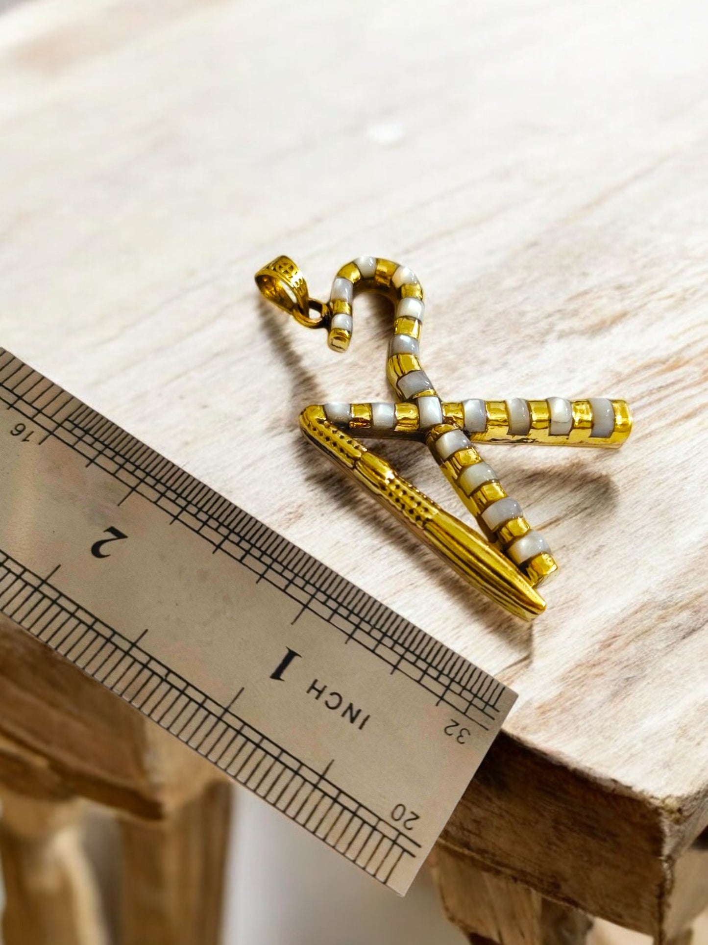 Gold Crook and Flail Necklace, Egyptian Heka Pendant with Mother of Pearl
