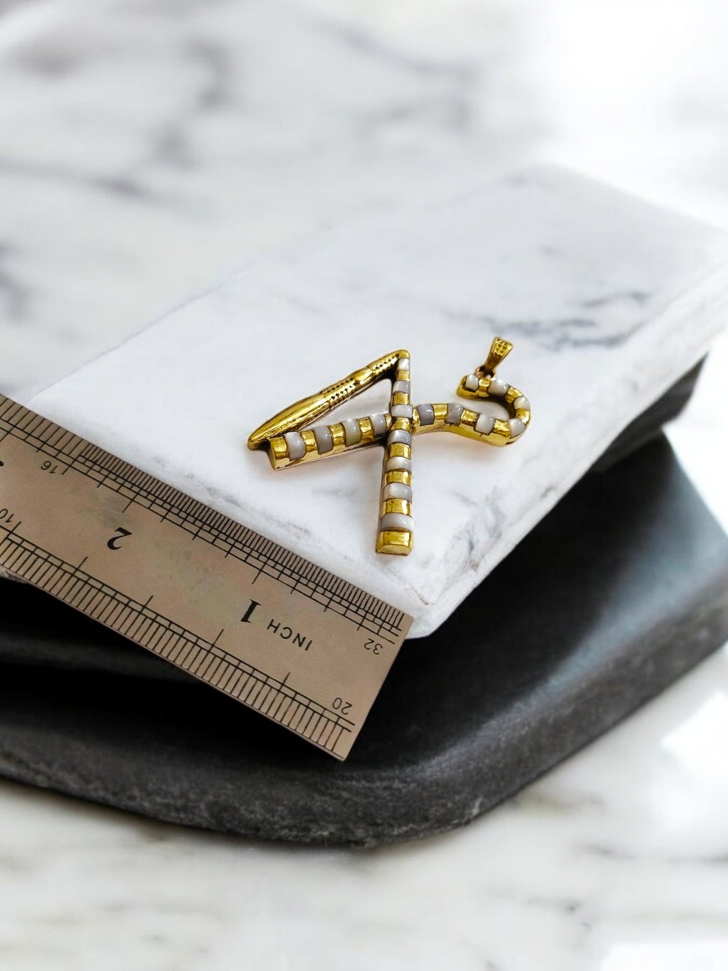 Gold Crook and Flail Necklace, Egyptian Heka Pendant with Mother of Pearl