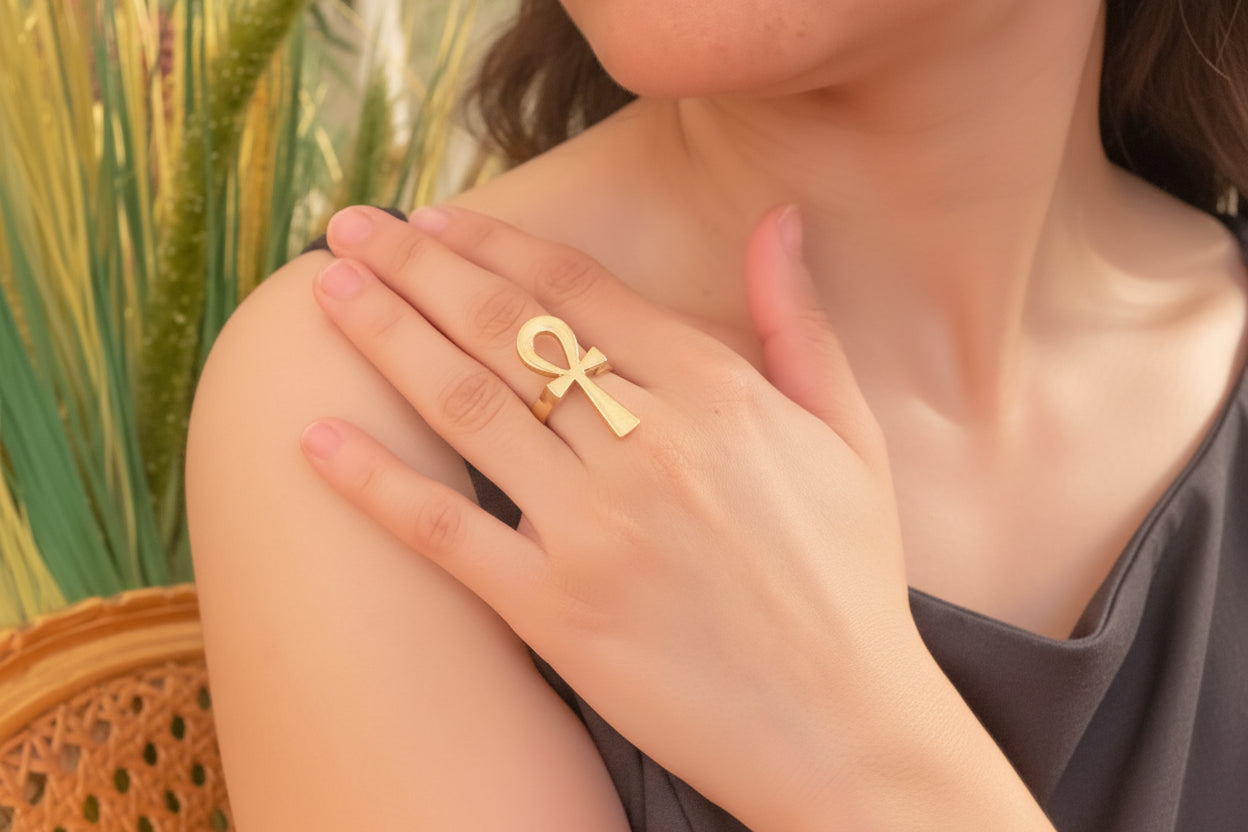 Gold Ankh Ring, Handmade Egyptian Key of Life Talisman
