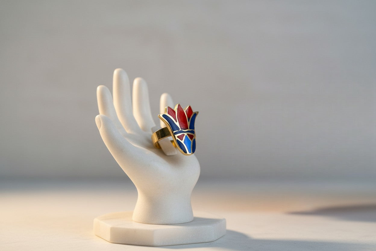 Enamel Gold Lotus Flower Ring, Egyptian Talisman Adjustable Ring