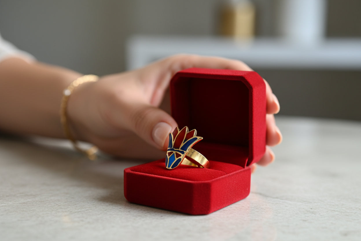 Enamel Gold Lotus Flower Ring, Egyptian Talisman Adjustable Ring