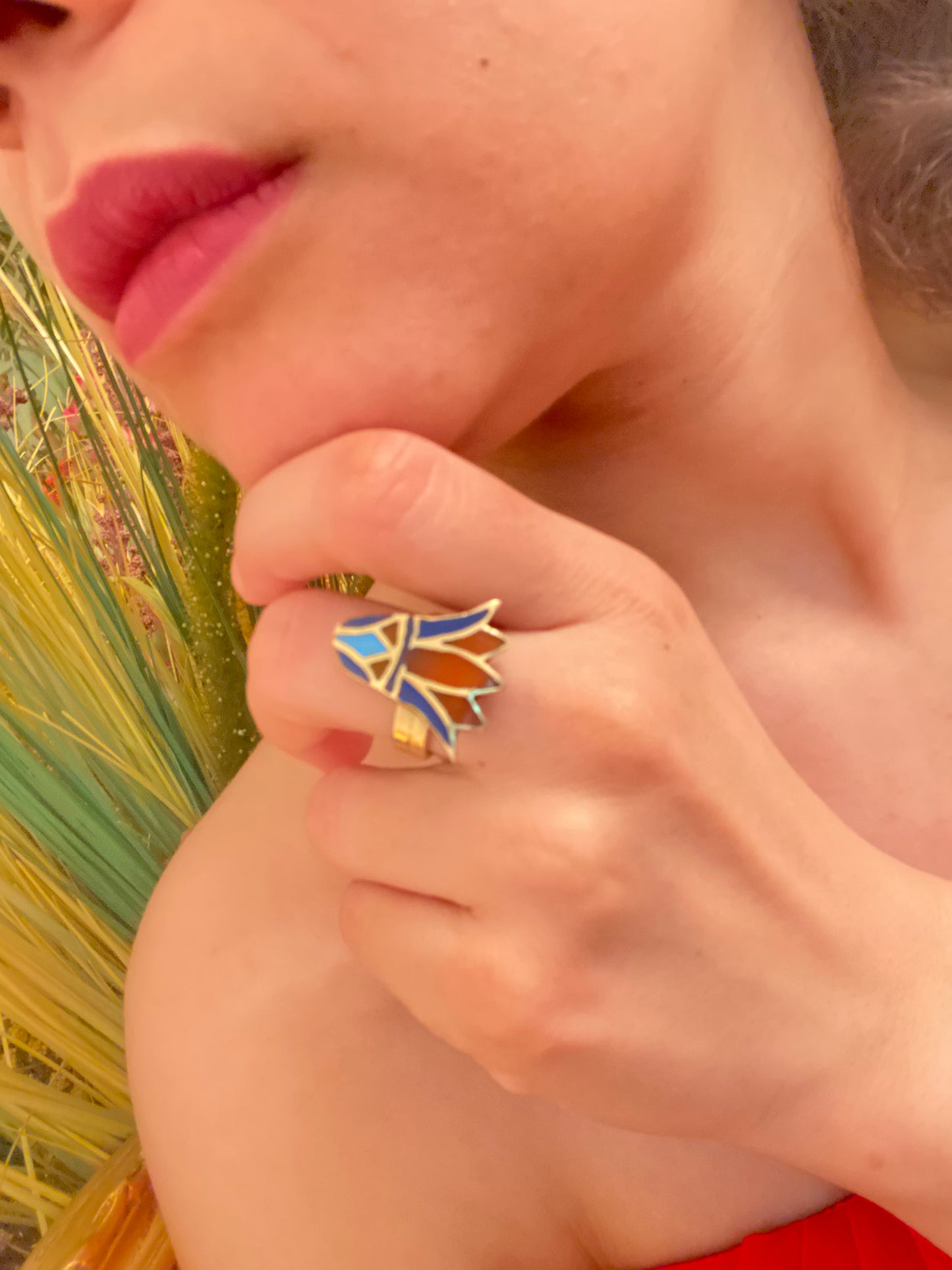 Enamel Gold Lotus Flower Ring, Egyptian Talisman Adjustable Ring