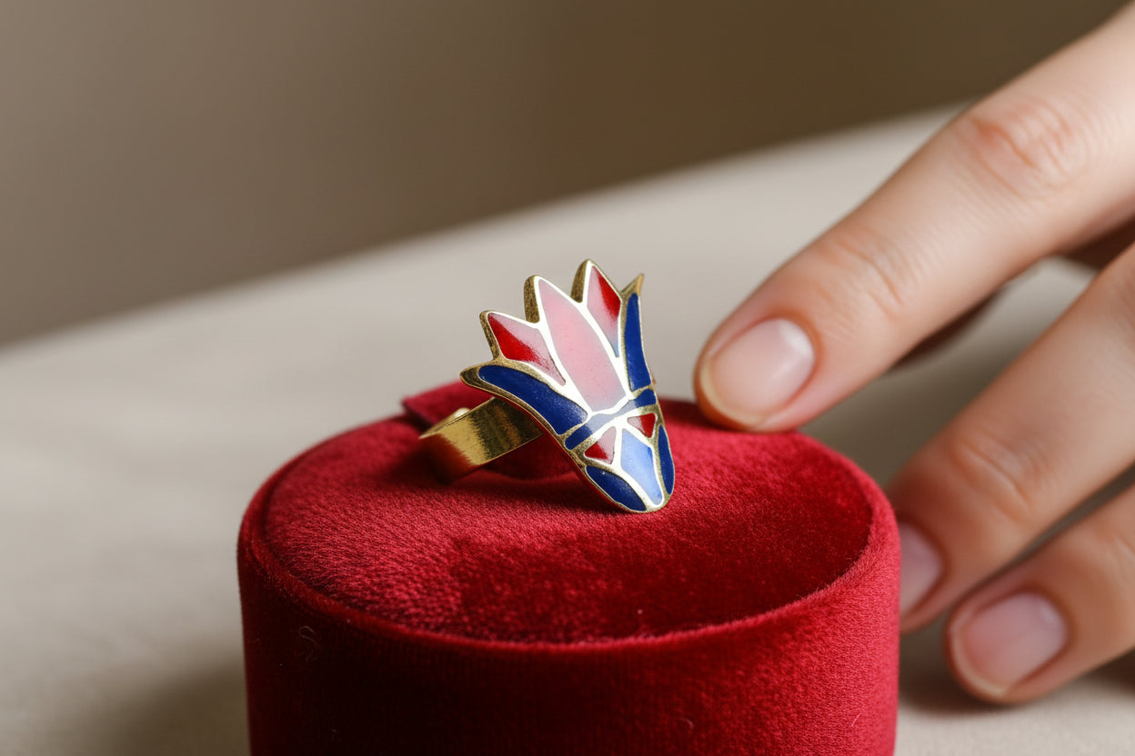 Enamel Gold Lotus Flower Ring, Egyptian Talisman Adjustable Ring