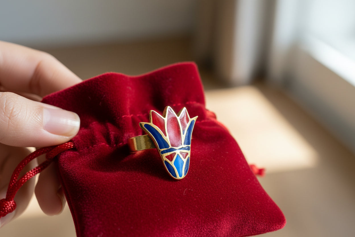 Enamel Gold Lotus Flower Ring, Egyptian Talisman Adjustable Ring