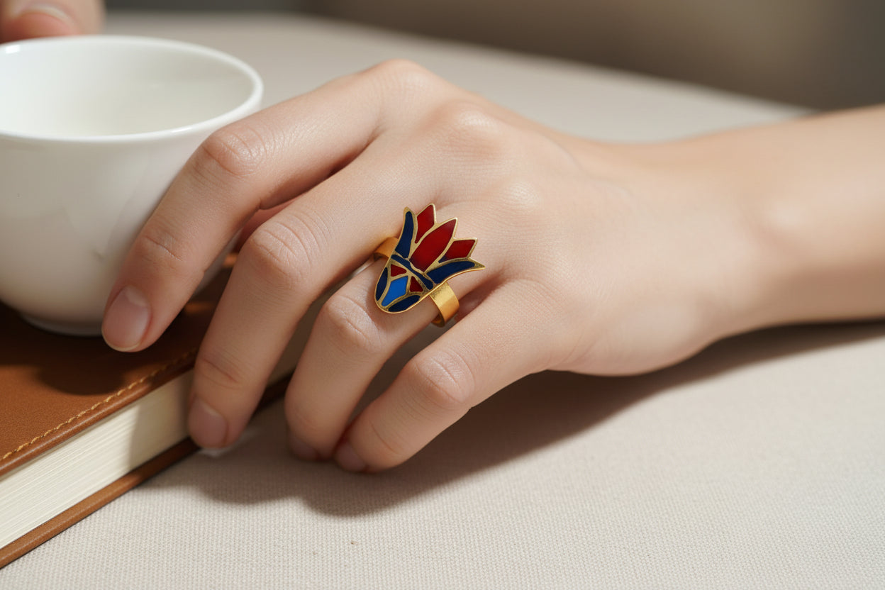 Enamel Gold Lotus Flower Ring, Egyptian Talisman Adjustable Ring