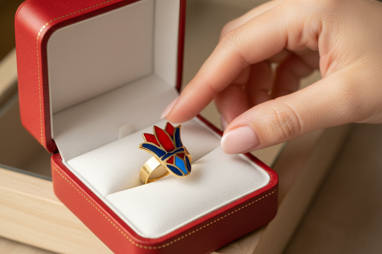 Enamel Gold Lotus Flower Ring, Egyptian Talisman Adjustable Ring