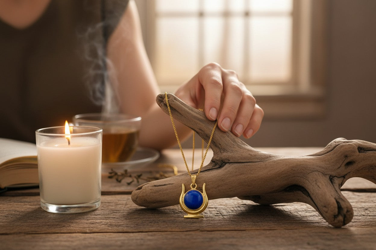 Gold Hathor Lapis Lazuli Necklace, Egyptian Goddess Horns Pendant, Spiritual Talisman Jewelry