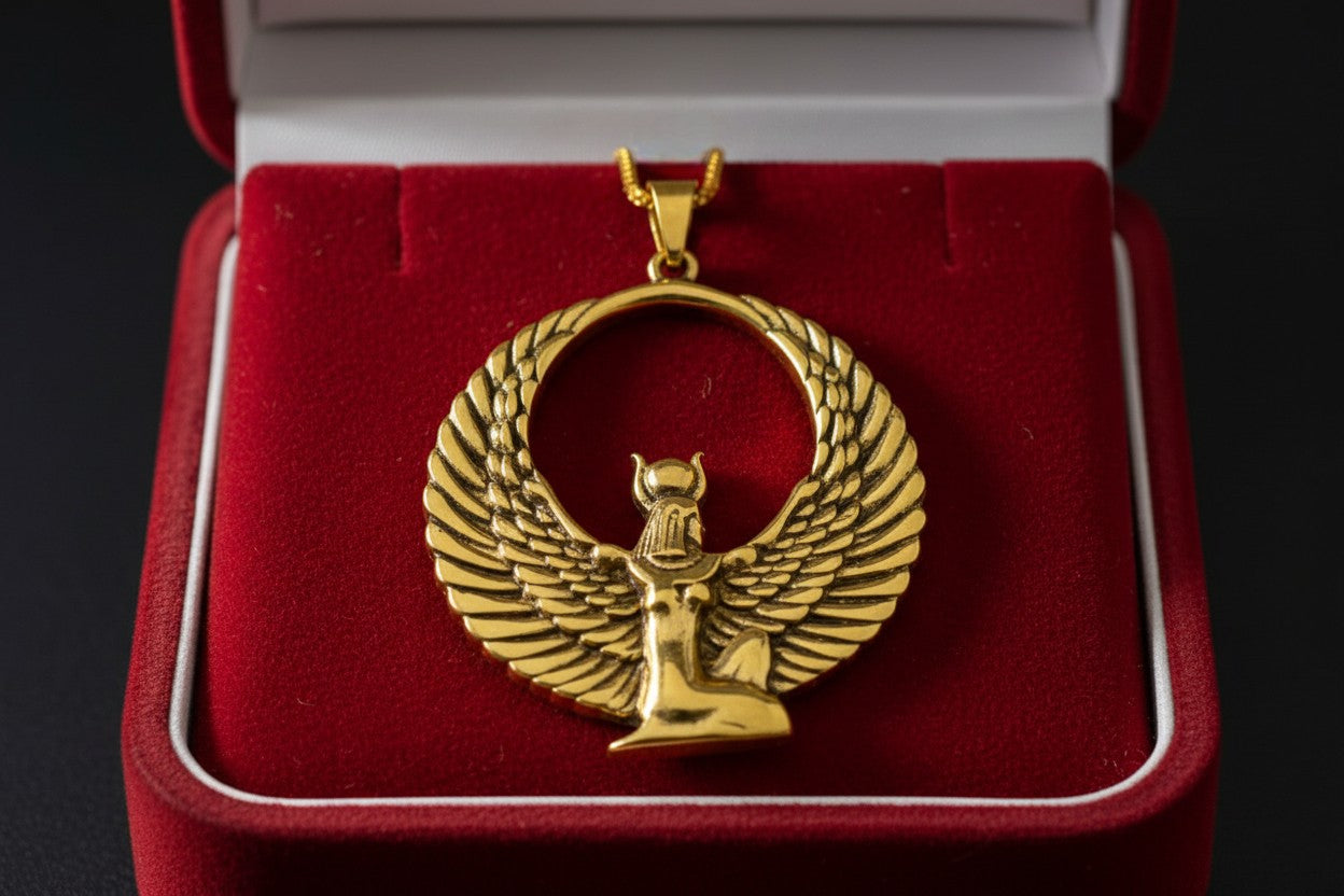Gold Goddess Isis Pendant, Winged Egyptian Goddess, Egyptian Jewelry, Divine Minimalist Necklace, Gift for Men and Women
