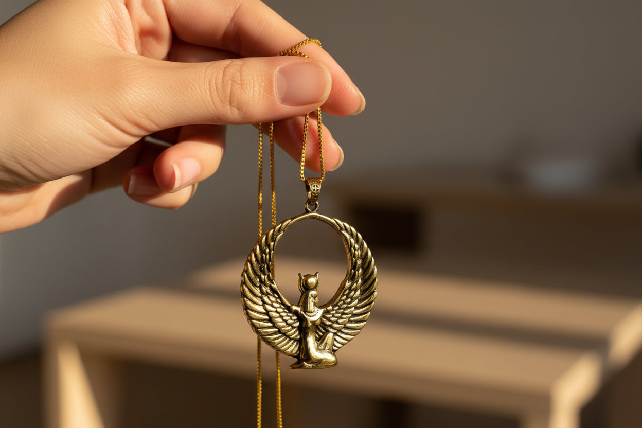 Gold Goddess Isis Pendant, Winged Egyptian Goddess, Egyptian Jewelry, Divine Minimalist Necklace, Gift for Men and Women