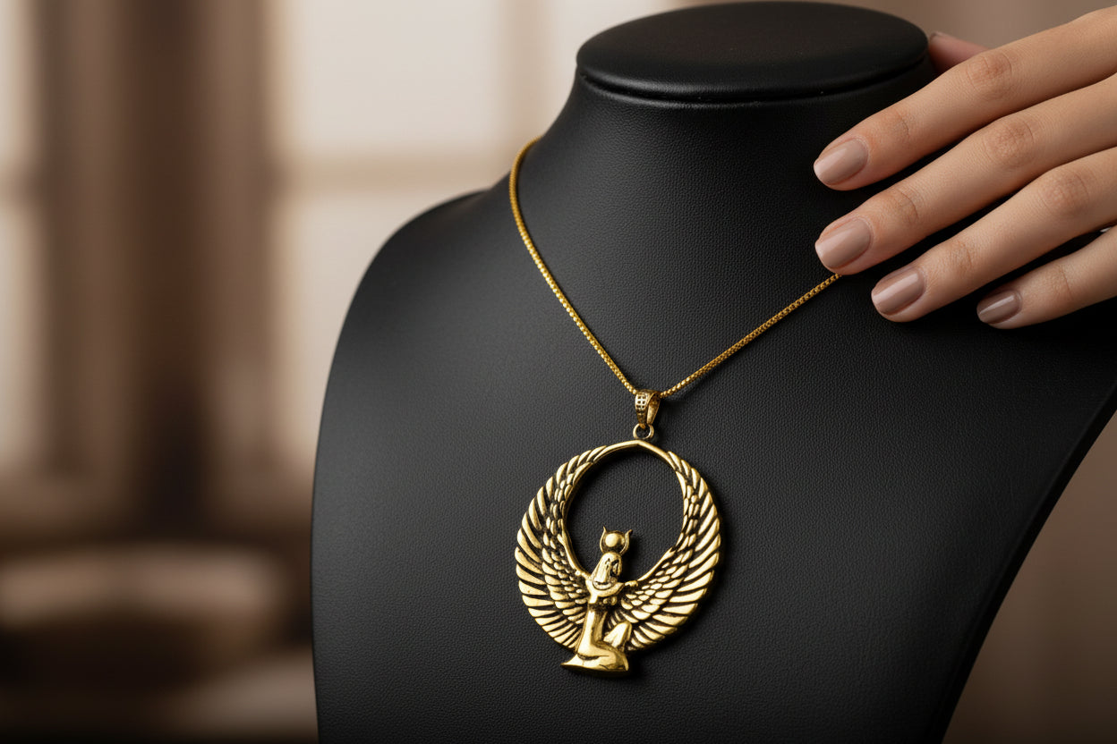 Gold Goddess Isis Pendant, Winged Egyptian Goddess, Egyptian Jewelry, Divine Minimalist Necklace, Gift for Men and Women