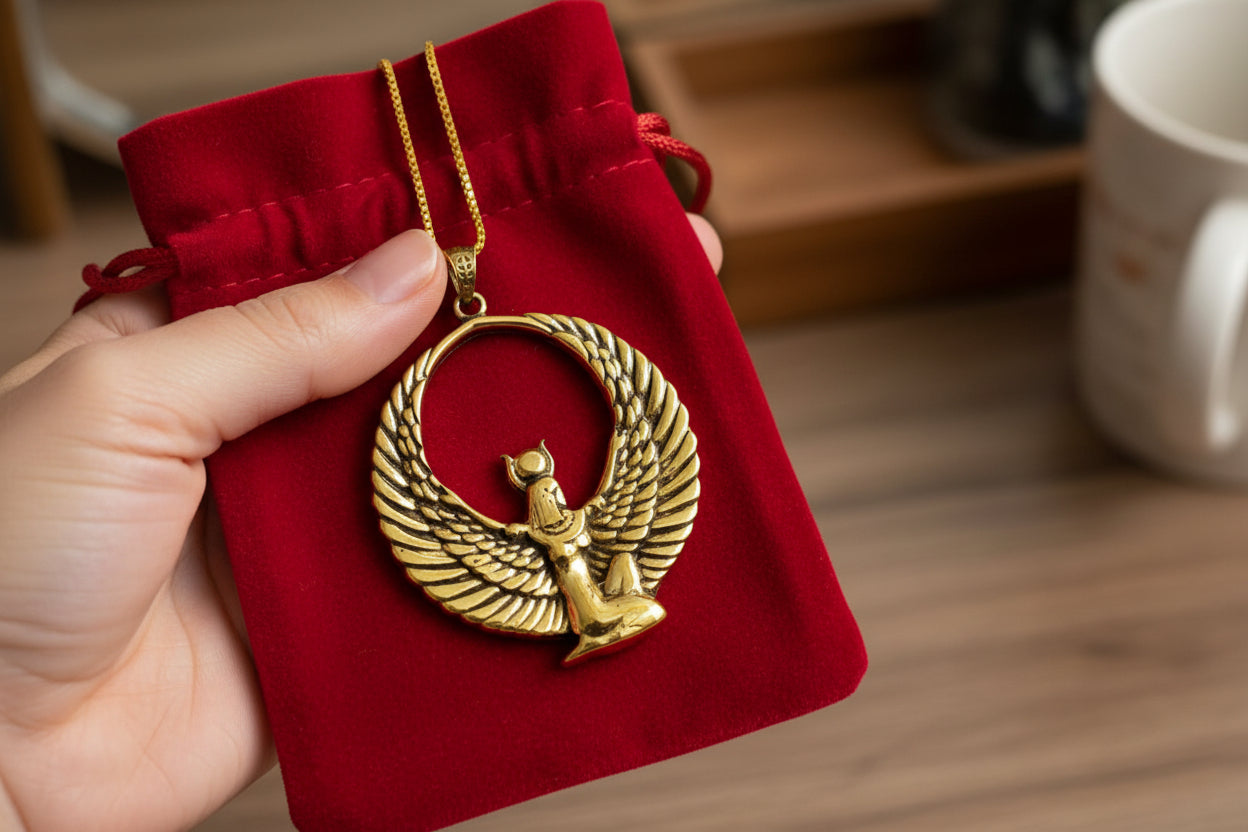 Gold Goddess Isis Pendant, Winged Egyptian Goddess, Egyptian Jewelry, Divine Minimalist Necklace, Gift for Men and Women