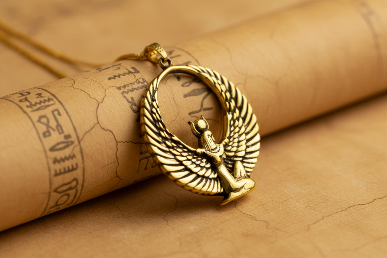 Gold Goddess Isis Pendant, Winged Egyptian Goddess, Egyptian Jewelry, Divine Minimalist Necklace, Gift for Men and Women