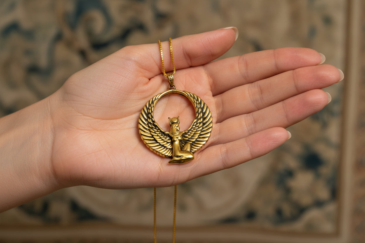 Gold Goddess Isis Pendant, Winged Egyptian Goddess, Egyptian Jewelry, Divine Minimalist Necklace, Gift for Men and Women
