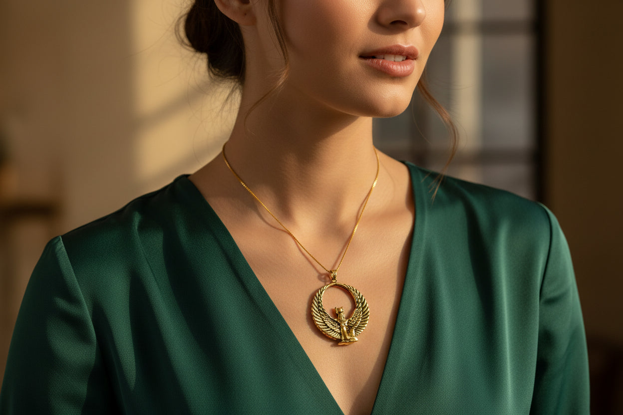 Gold Goddess Isis Pendant, Winged Egyptian Goddess, Egyptian Jewelry, Divine Minimalist Necklace, Gift for Men and Women