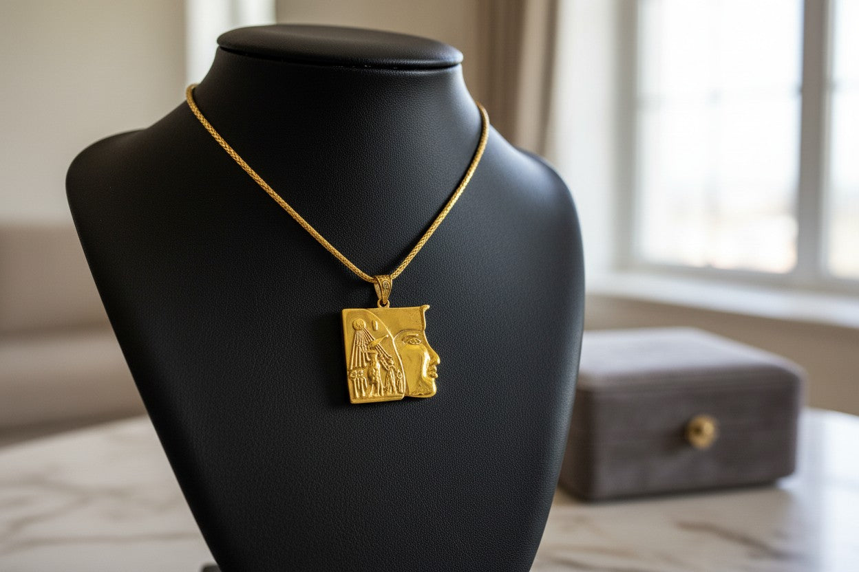 Gold Akhenaten Pendant, King Praying to Aten Necklace, Ancient Egyptian Jewelry, Pharaoh Amulet, Spiritual Gift for Him Her