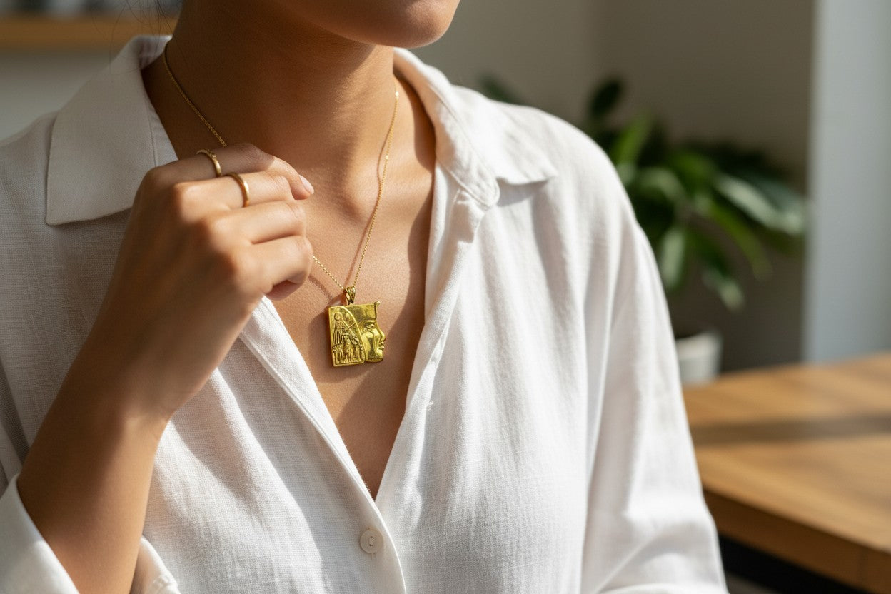 Gold Akhenaten Pendant, King Praying to Aten Necklace, Ancient Egyptian Jewelry, Pharaoh Amulet, Spiritual Gift for Him Her
