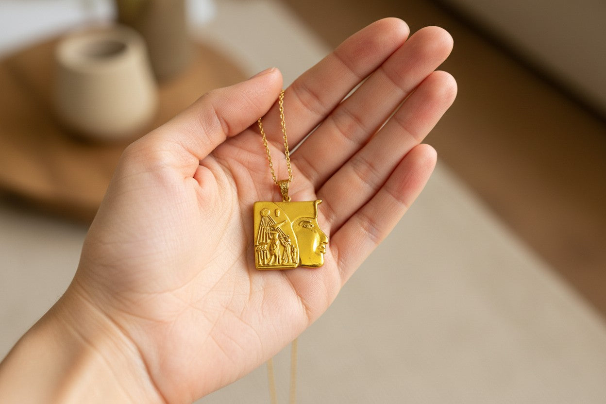 Gold Akhenaten Pendant, King Praying to Aten Necklace, Ancient Egyptian Jewelry, Pharaoh Amulet, Spiritual Gift for Him Her
