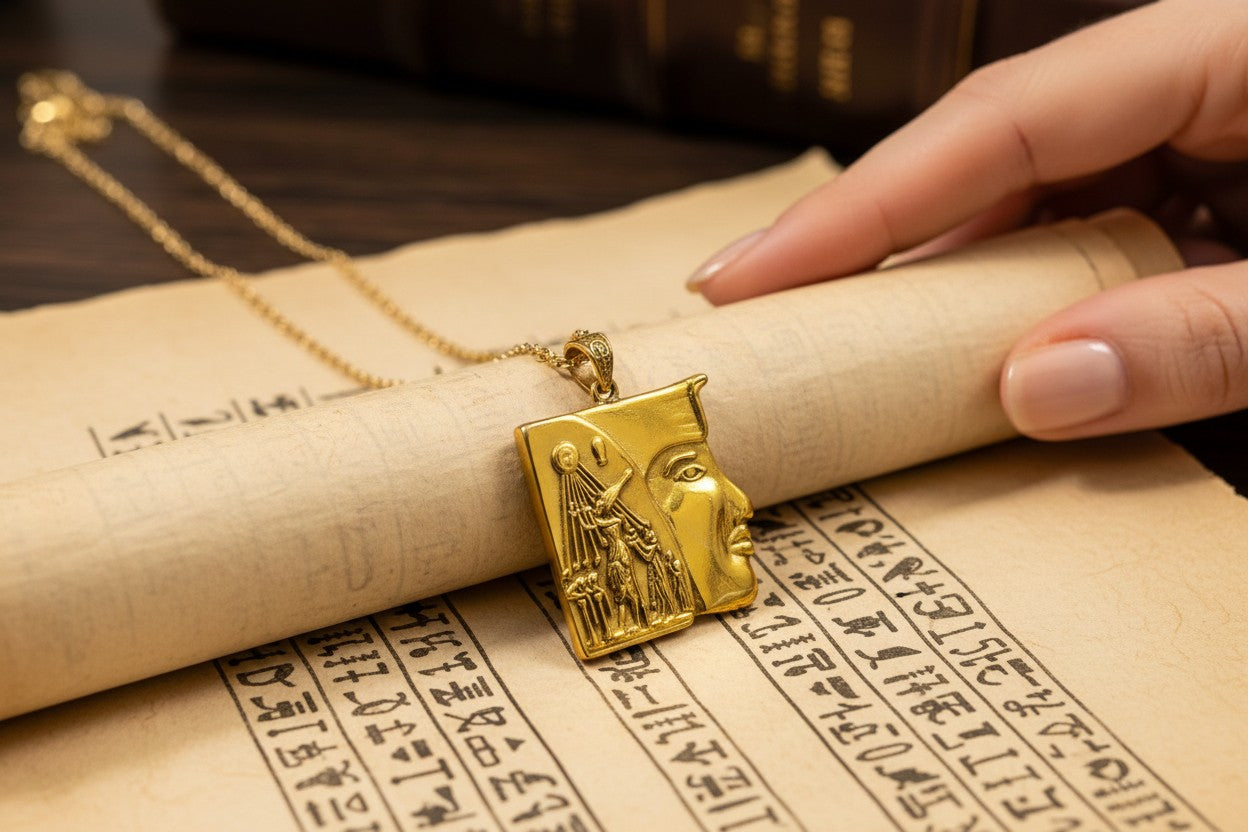 Gold Akhenaten Pendant, King Praying to Aten Necklace, Ancient Egyptian Jewelry, Pharaoh Amulet, Spiritual Gift for Him Her