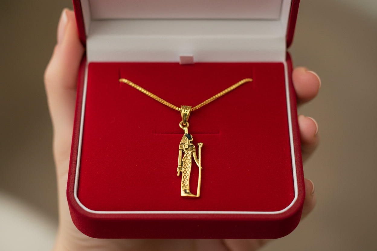 Gold Goddess Maat Pendant Necklace, Egyptian Revival Talisman